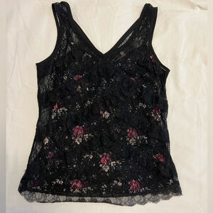 White House Black Market Black Flower Tank Top Under Ruffled Lace Tank Top Sz XS